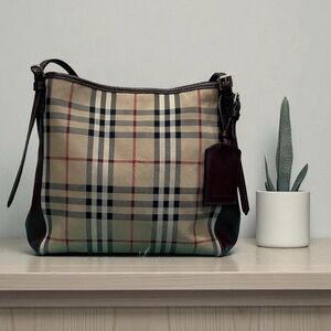 Burberry Beige and Black Check Shoulder Bag with Dark Brown Trim